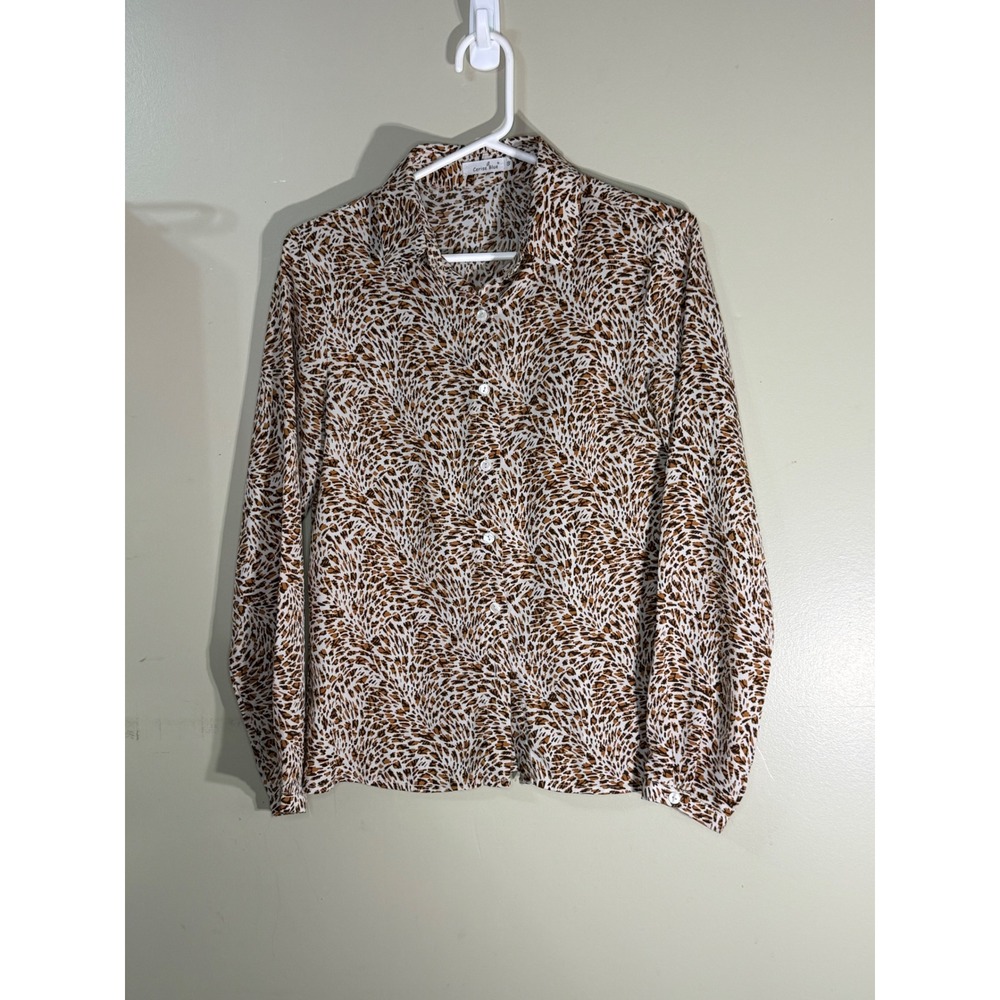 Cerise Blue Animal Print Button Down Blouse Long Sleeve Brown Tan Small